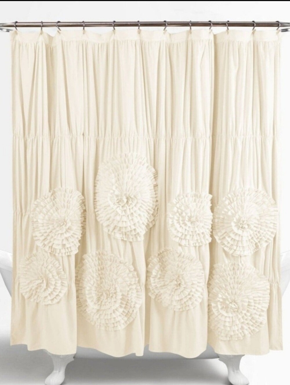 Cream Ruffled Floral Shower Curtain - Soft Textured Bath Accent